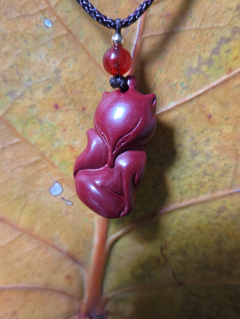 Carved Red Cinnabar Fox Pendant Necklace. NWT. Unisex.